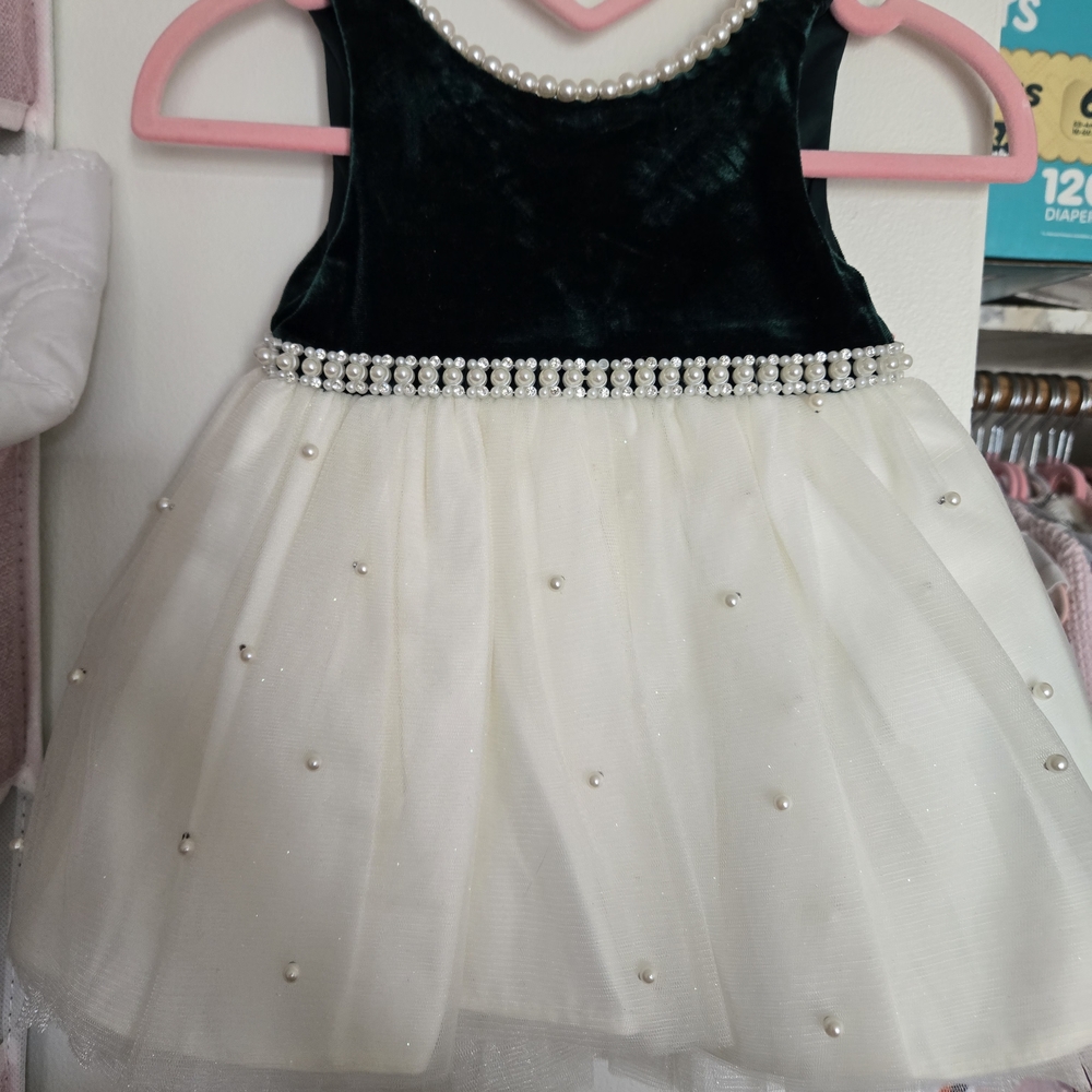 Velvet Pearl-Trim Tulle Dress - Emerald & Ivory
